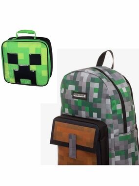 Minecraft Pixel-Print Green Backpack with Lunch Bag